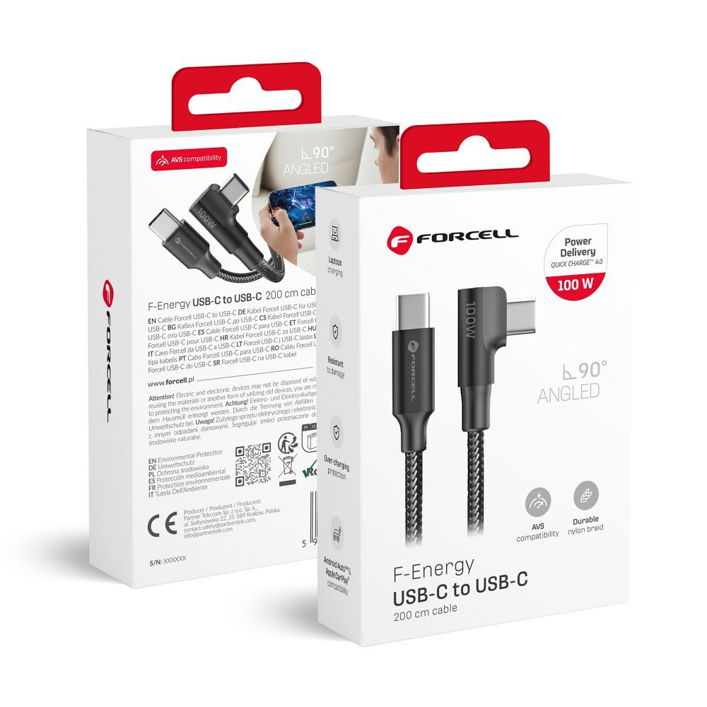 Kabelis USB C uz USB C Forcell F-Energy QC4.0 PD 5A 100W Cafule 90° 2 m CC-1Deg melns