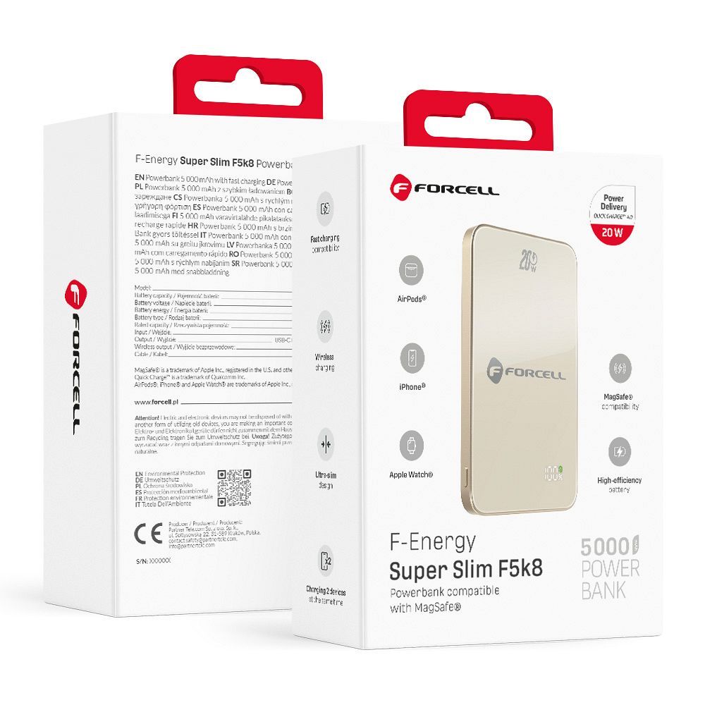 Portatīvais lādētājs saderīgs ar MagSafe Forcell F-Energy SuperSlim F5K8 QC4.0 PD3.0 15W 5000 mAh titāna dykuma krāsa
