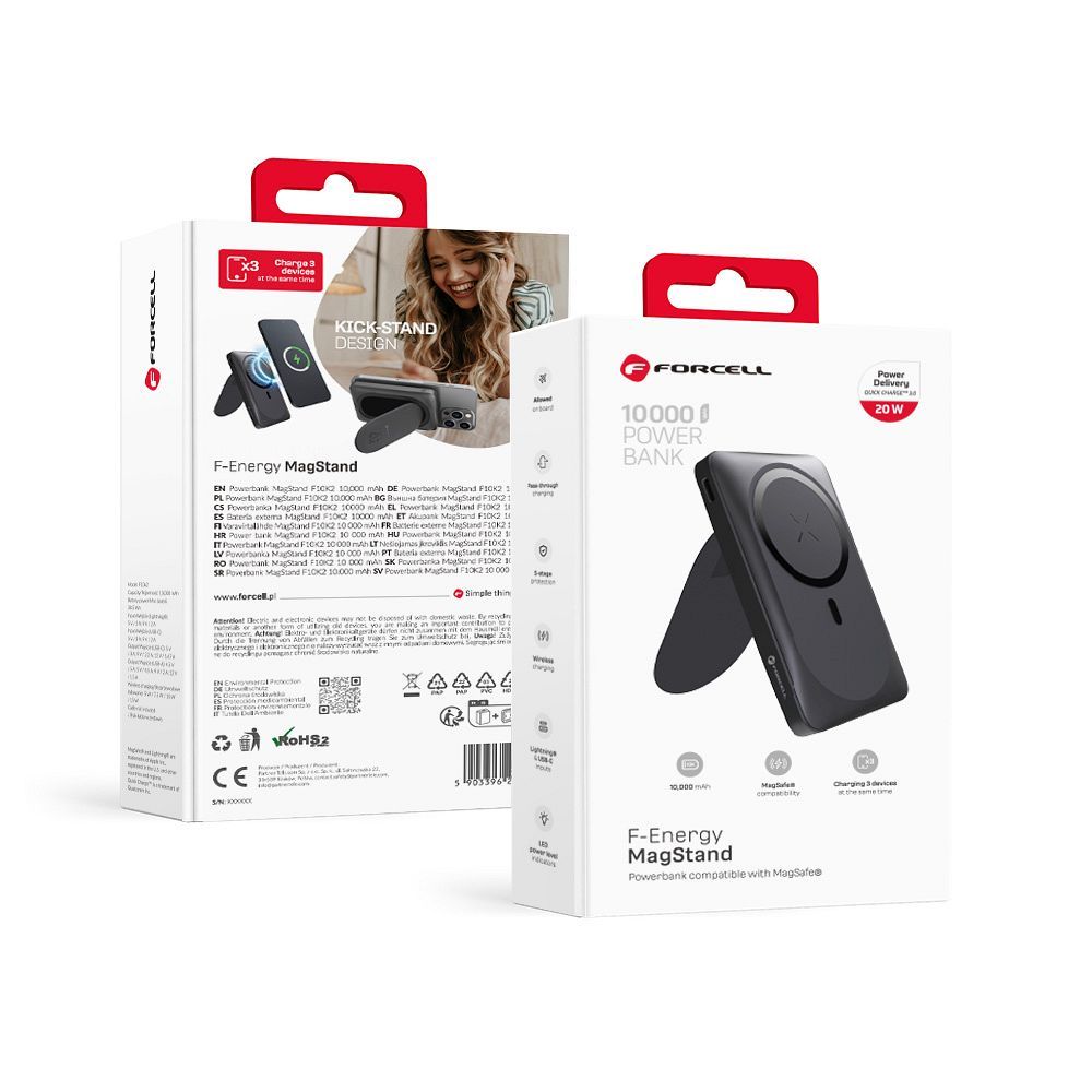 Powerbank совместимый с MagSafe Forcell F-Energy MagStand F10K2 QC3.0 PD 5A 20W 10000 mAh черный