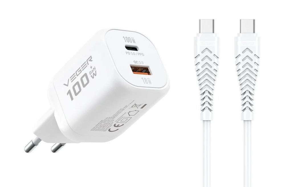 Tālruņa lādētājs VEGER USB A + Type C PD Super Charge PPS 100W + datu kabelis Type C uz C 240W TR150 balts
