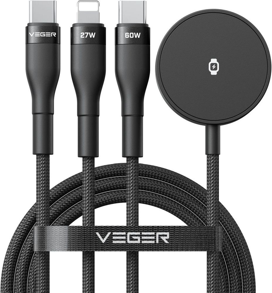 Kabelis 3in1 USB C uz Lightning / Type C / iWatch / SAM Watch VEGER 3A 92W V730 1,5 m melns