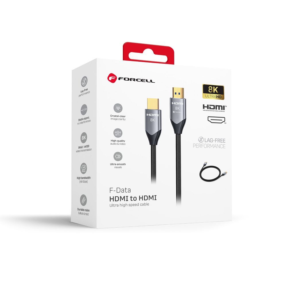 Kabelis HDMI 2.1 Forcell Cafule 8K 60Hz / 4K 120Hz - Ultra High Speed, HDR, eARC, VRR, 48Gbps 5 m melns