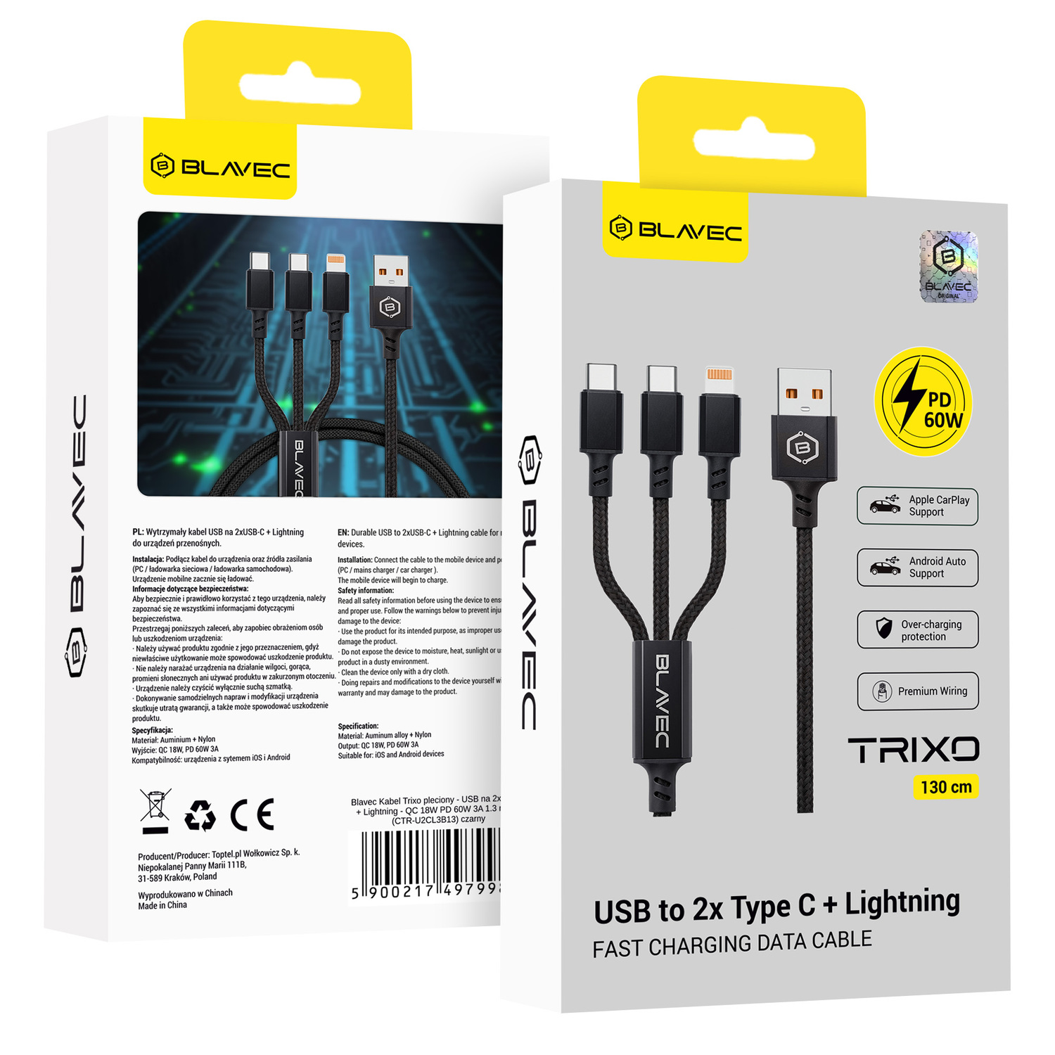 Blavec Trixo pīts kabelis - USB uz 2xType C + Lightning - QC 18W PD60W 3A 1,3 m (CTR-U2CL3B13) melns