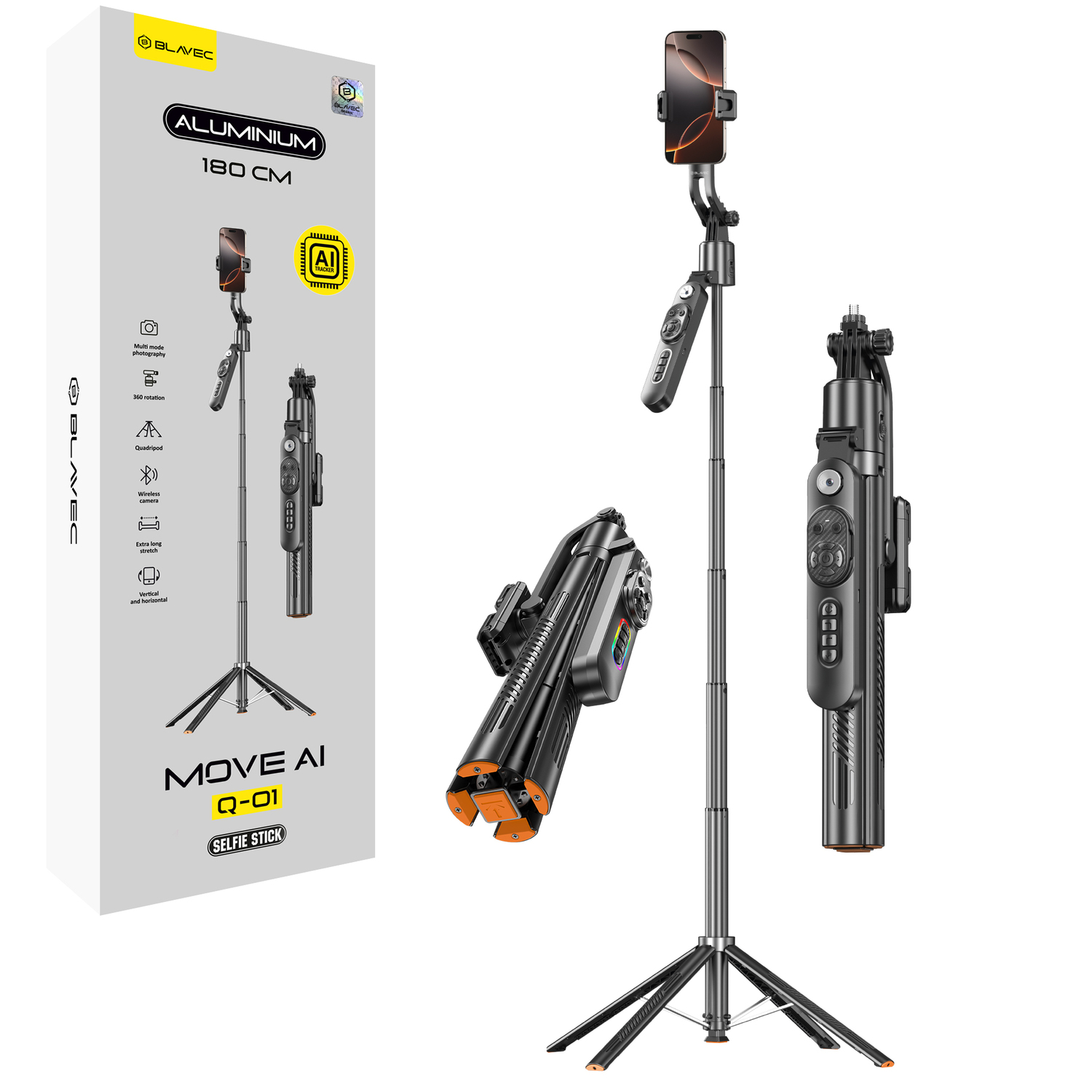 Blavec Selfie Stick Aluminium Move AI Q-01 Auto pop statīvs + tālvadības pults 1,80 m (SSAQ01-APTRB180) melns