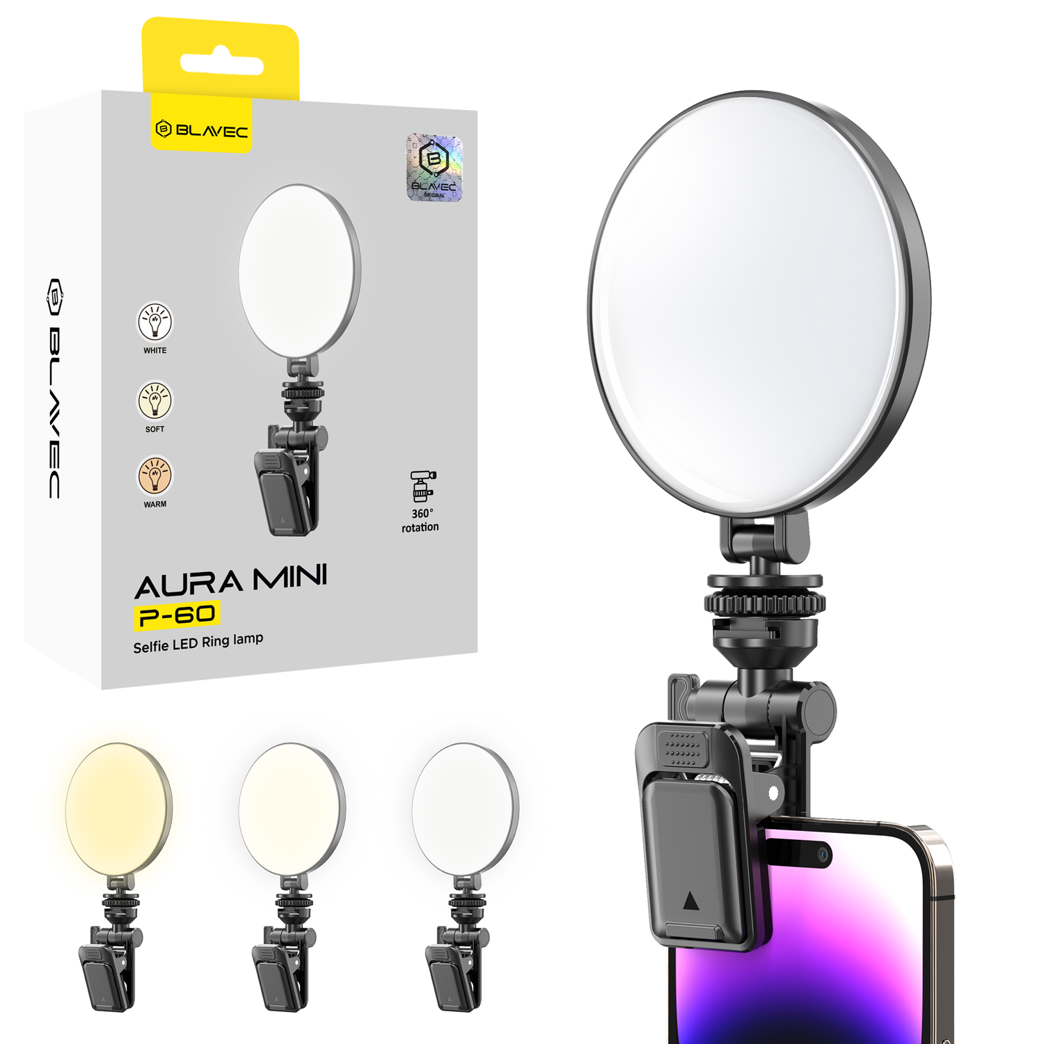 Blavec Selfie Ring lampa Aura Mini LED P-60 klemme (LPP60-KLB) melna