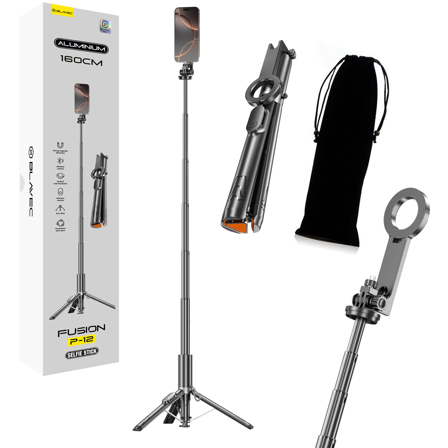 Blavec Selfie Stick Aluminium Fusion P-12 Magsafe Auto pop statīvs + tālvadības pults 1,60 m (SSFP12-MTRAPB160) melns