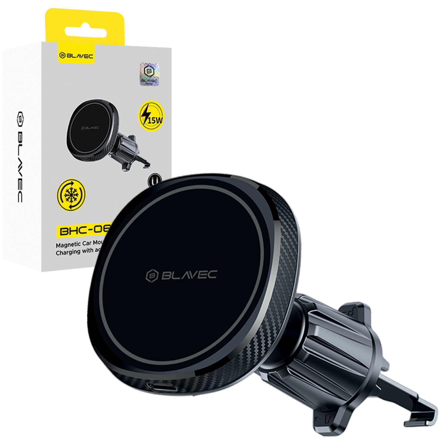 Blavec auto turētājs BHC-06B 15W magnētisks ar indukcijas uzlādi un aktīvo dzesēšanu ventilācijas režģim (BHC06B-MAVIB) melns