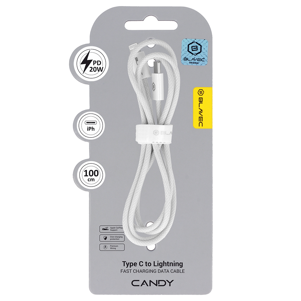 Blavec Kabelis Candy pīts - Type C uz Lightning - PD 20W 2,4A 1 metrs Apple CarPlay (CCA-CL24W10) balts