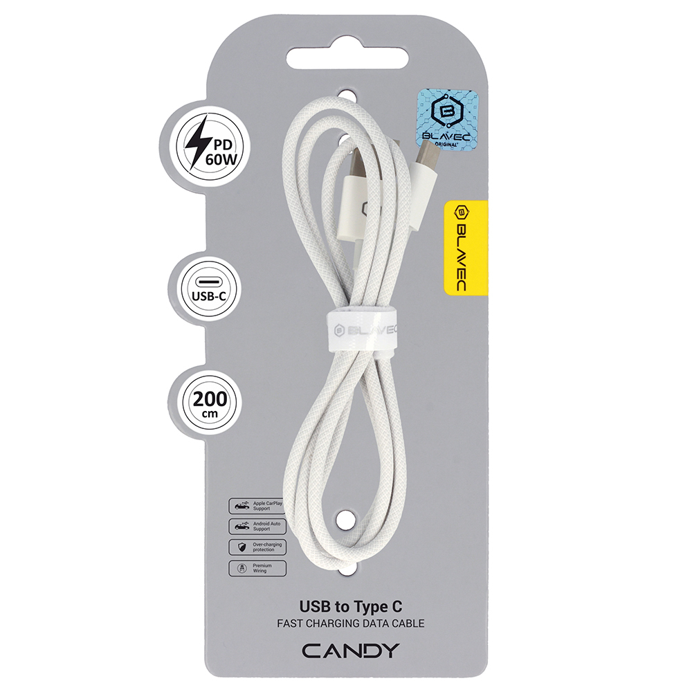 Blavec Cable Candy braided - USB to Type C - PD 60W 3A 2 metres Apple CarPlay/Android Auto (CCA-UC3W20) white