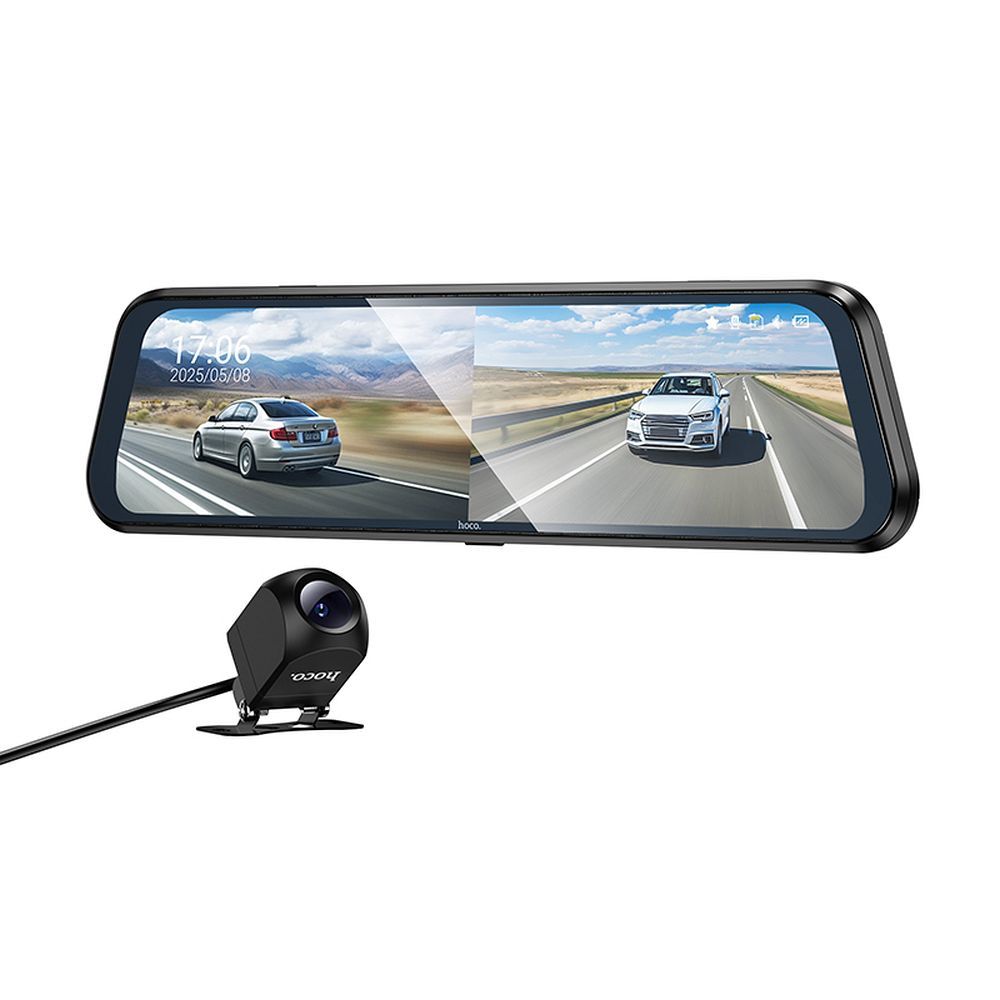 Videoreģistrators atpakaļskata spogulim ar 9,66" displeju, 1080p/30fps + aizmugurējā kamera 720p/30fps, Hoco DV16, melns