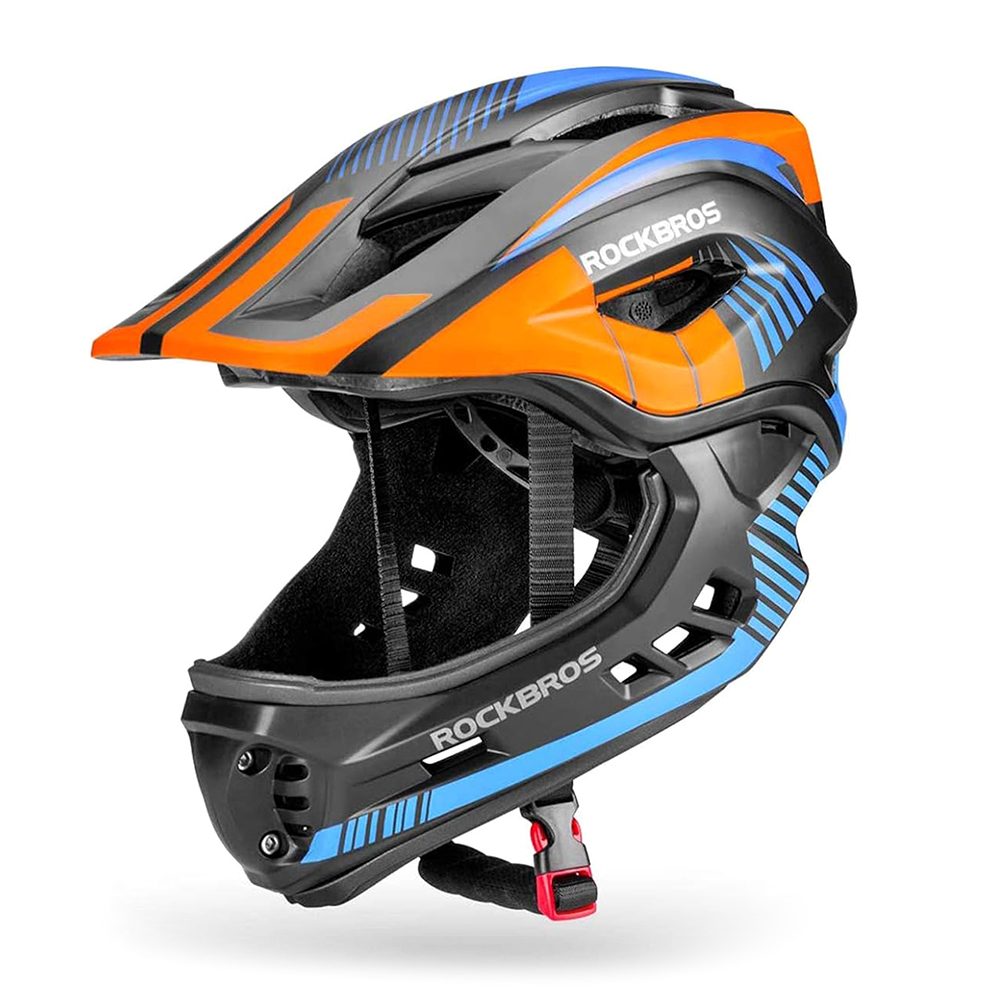 Rockbros TT-32SOBL-S bērnu velosipēda ķivere ar noņemamu zoda aizsargu, izmērs S - melna un oranža