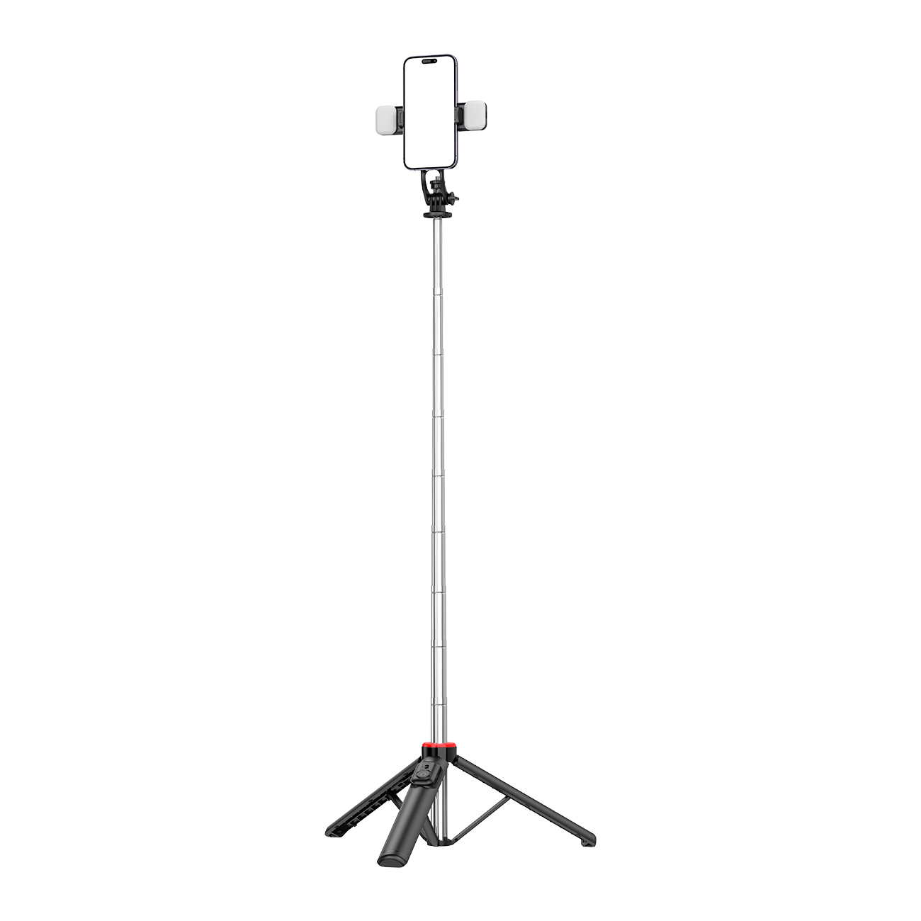 Selfiju nūja WC13YDS teleskopisks statīvs 1.3m ar dubultu lampu un telefona turētāju - melna