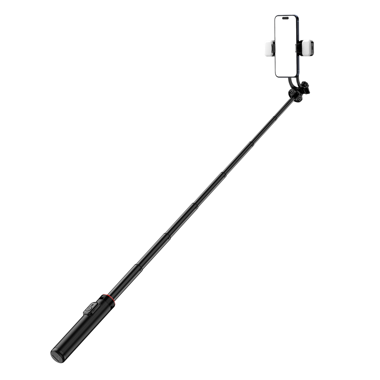 Selfiju nūja WC12YDS 1.3m alumīnija sakausējuma teleskopisks statīvs ar dubultu lampu un telefona turētāju - melna
