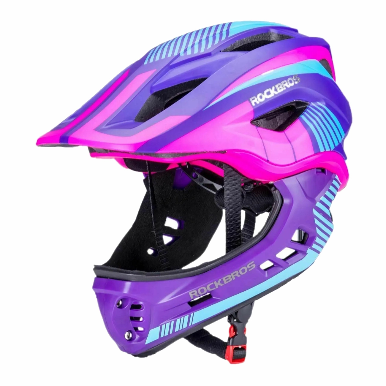 Rockbros TT-32SBPP-S bērnu velosipēda ķivere ar noņemamu zoda aizsargu izmērs S - violeta-rozā