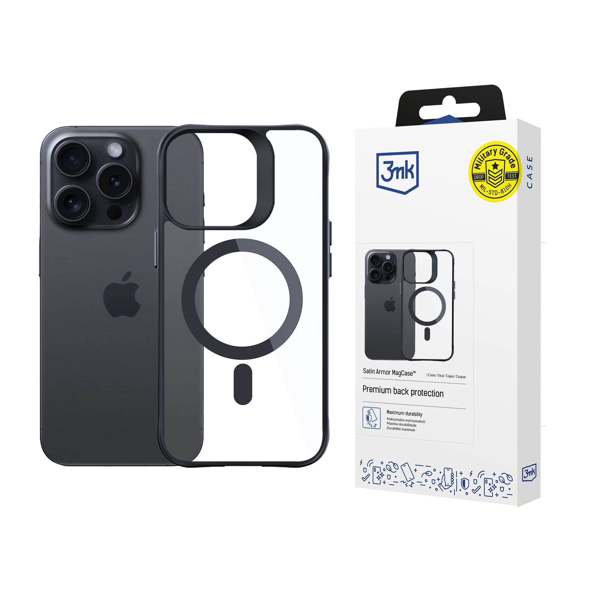 3mk Satin Armor MagCase ar MagSafe iPhone 15 Pro Max - caurspīdīgs ar melnu rāmi