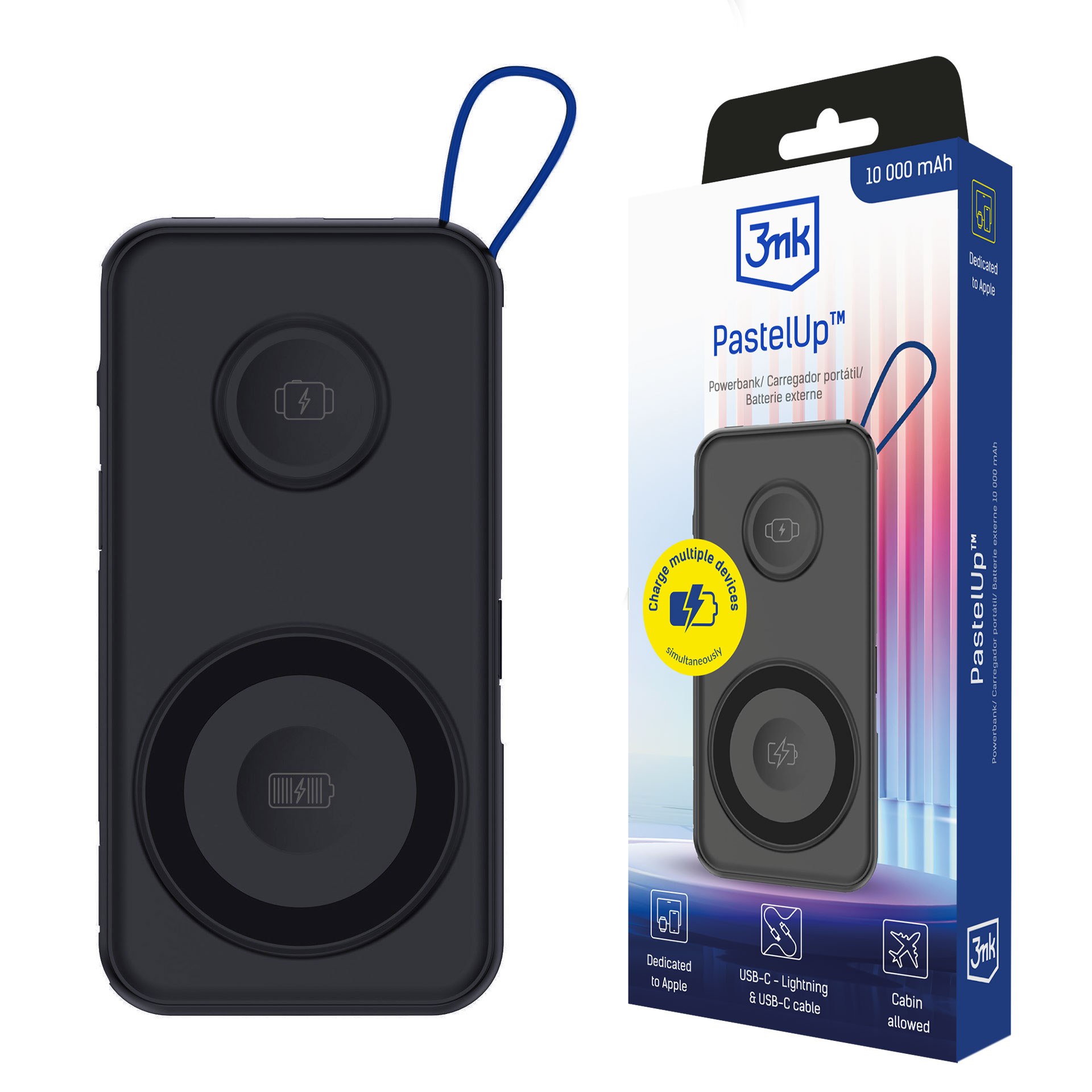 3mk PastelUp 10000mAh 22.5W USB 1A1C Bezvadu Portatīvais lādētājs (m) - melns