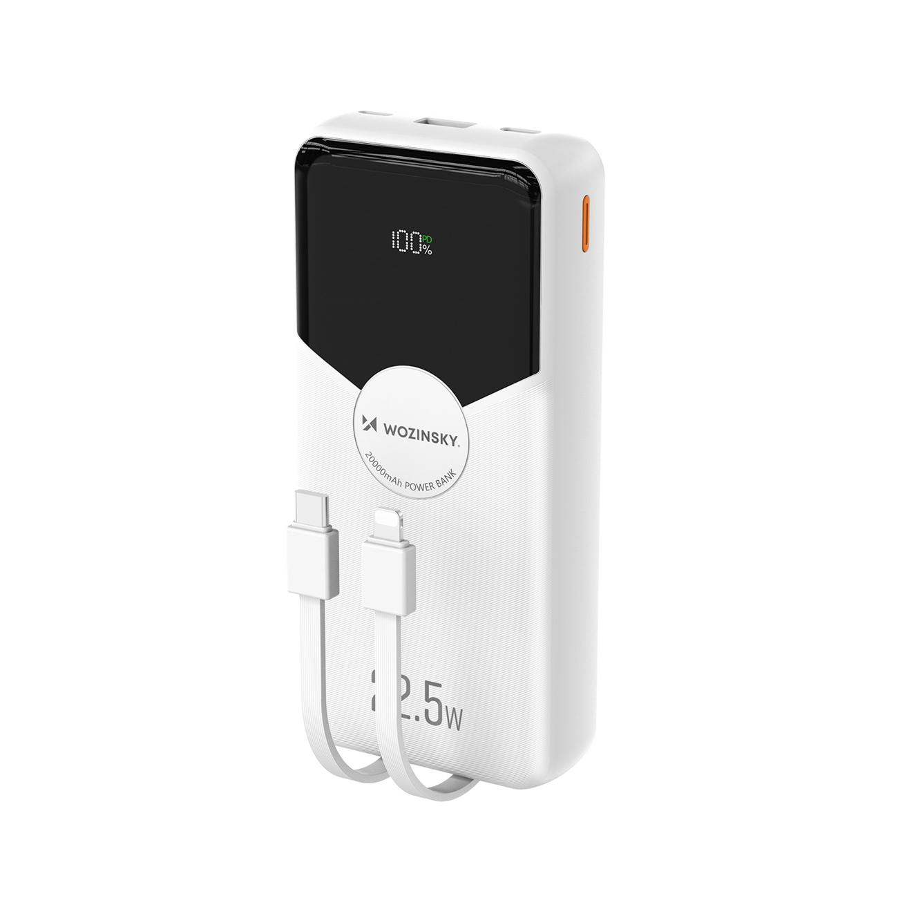Wozinsky WFC-15W 20000mAh 22.5W PD20W portatīvais lādētājs ar iebūvētiem Lightning un USB-C kabeļiem - balts
