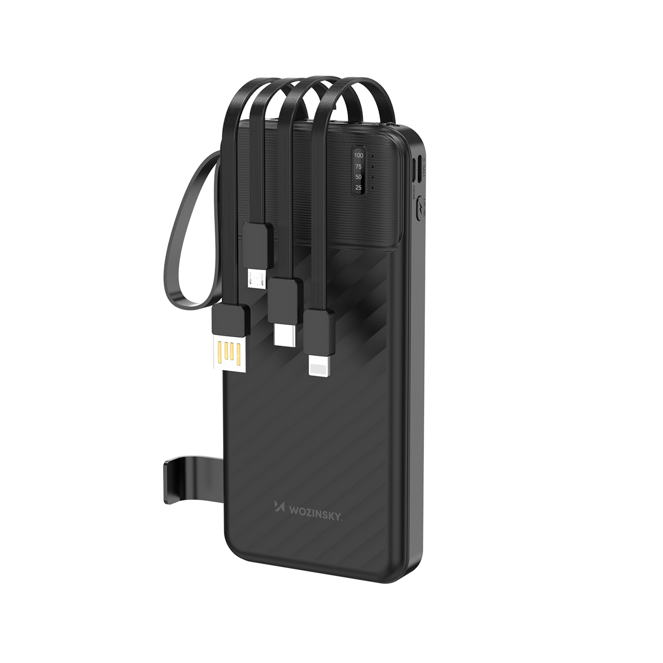 Wozinsky W11-B 10000mAh 10W portatīvais lādētājs ar iebūvētiem kabeļiem un lukturīti - melns