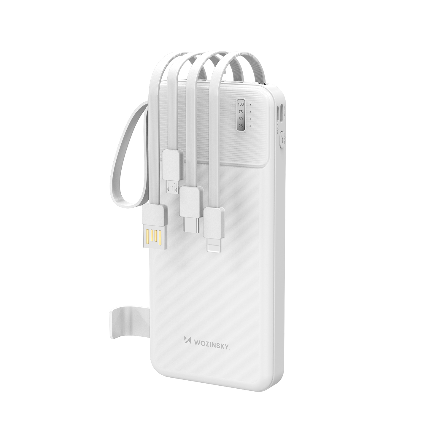 Wozinsky W11-W 10000mAh 10W portatīvais lādētājs ar iebūvētiem kabeļiem un lukturīti - balts