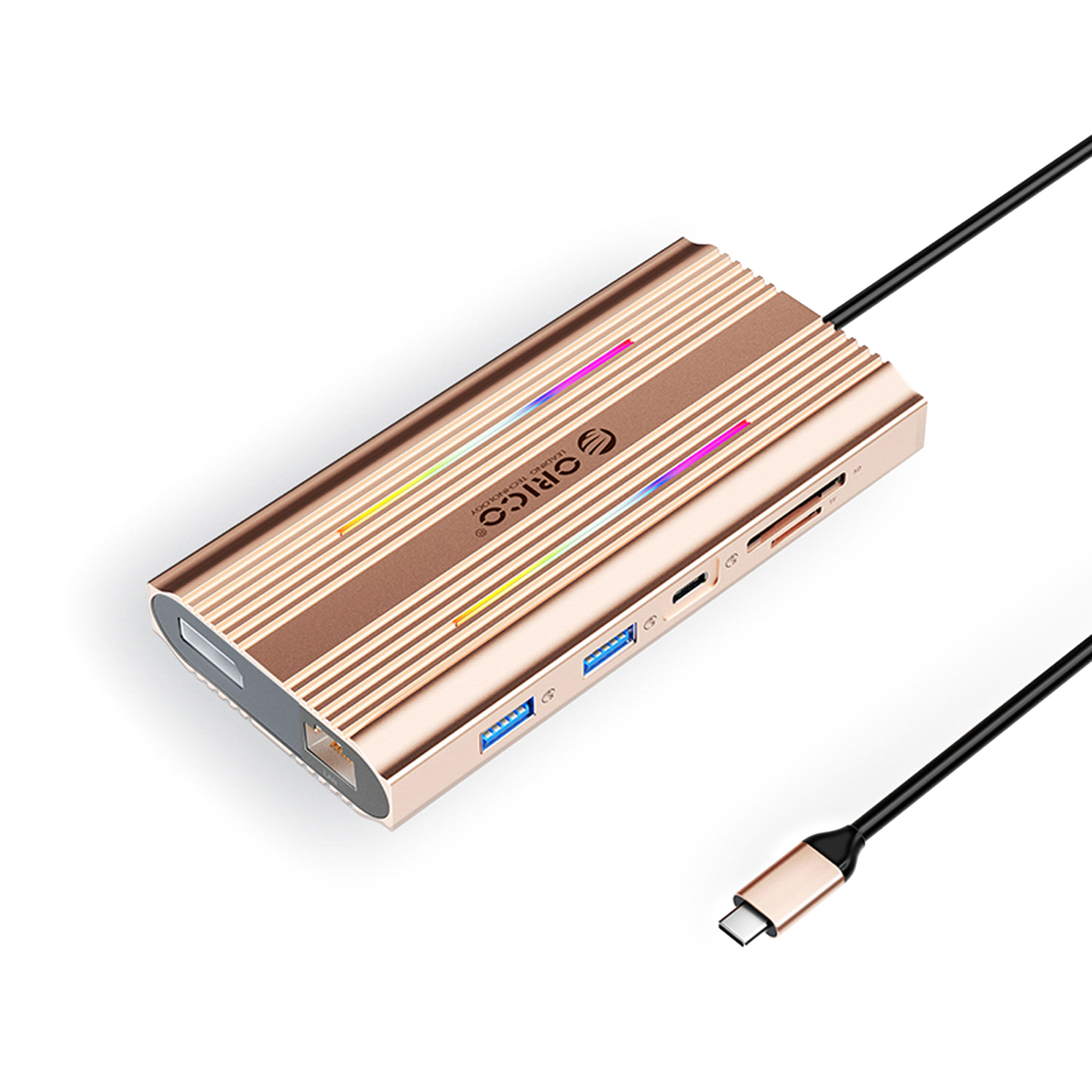 Orico XDR 12in1 RGB USB-C Docking Station USB-A USB-C 2x HDMI 4K 60 Hz DisplayPort 4K 60 Hz RJ45 Gigabit PD 100W SD and microSD Card Reader - Rose Gold