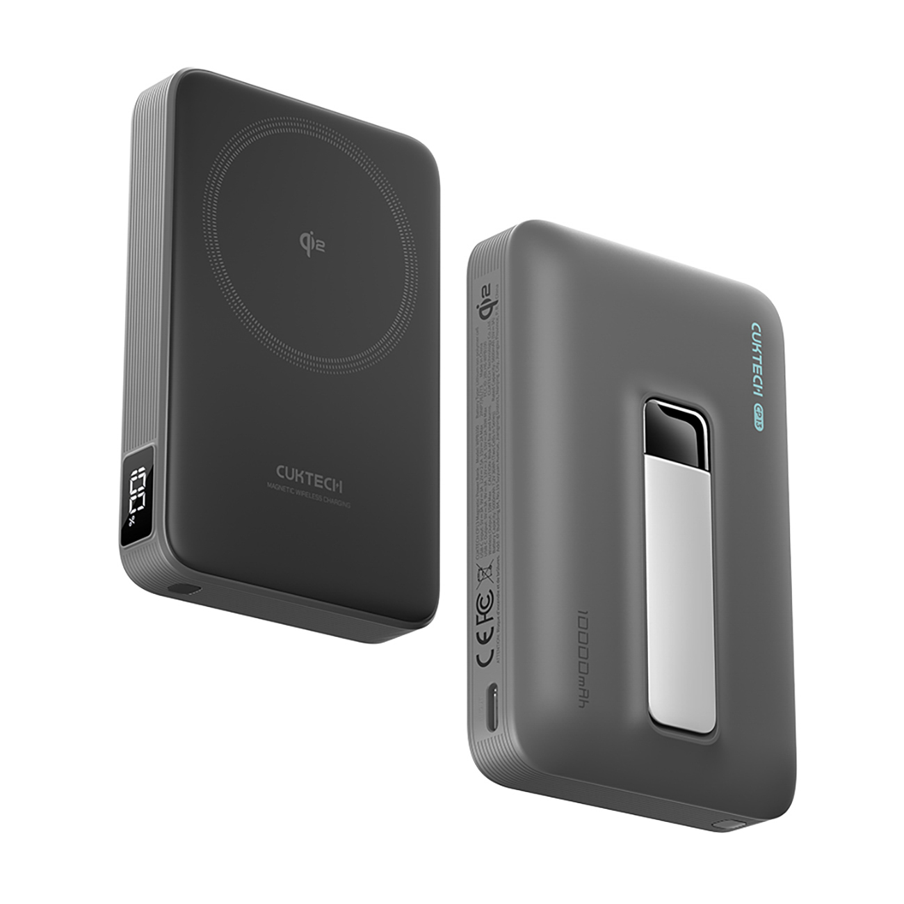 Cuktech WPB100 ārējais akumulators 10 000 mAh, Qi2, 30 W, ar magnētisku stiprinājumu un statīvu – melns