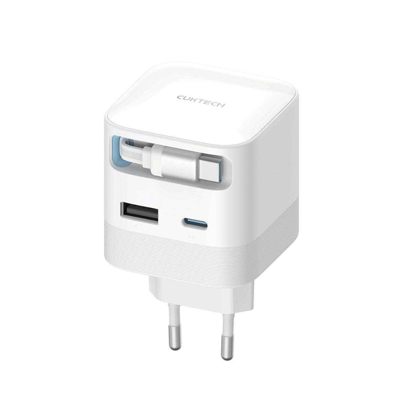 Cuktech AD653W 67W GaN 2x USB-C + USB-A Wall Charger with 70cm Retractable USB-C Cable - White