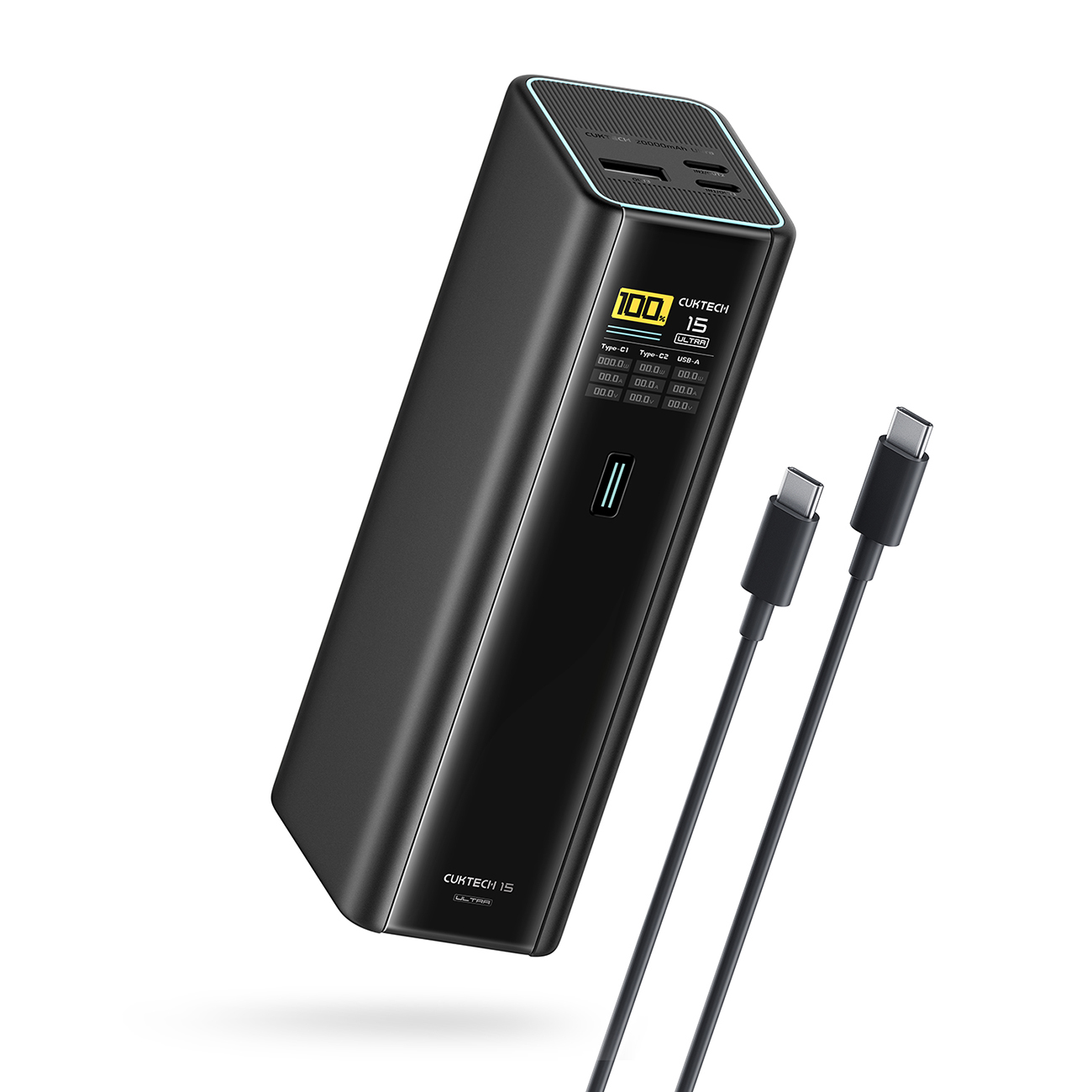 Cuktech PB200U ārējais akumulators 20 000 mAh, 210 W, ar 2 USB-C un USB-A pieslēgvietām, TFT displeju un 240 W USB-C kabeli – melns