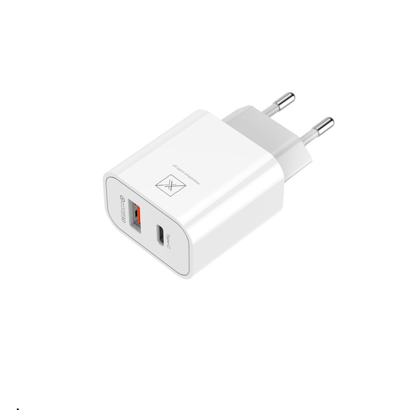 Sienas lādētājs MX ALFA 20W PD+QC, USB-A+C + C/C kabelis 20W PD, balts