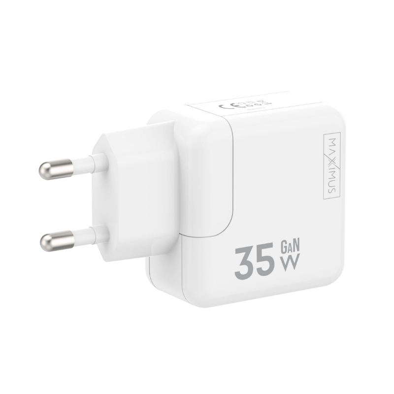 Sienas lādētājs MX BURST GaN PD 35W, 2xUSB-C + C/C PD kabelis 65W balts
