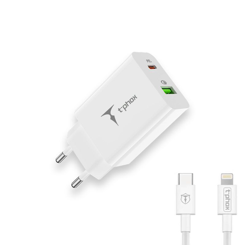 SIENAS LĀDĒTĀJS T-PHOX SPEEDY USB-C 20W/USB 18W PD QC + KABELIS LIGHTNING 1M BALTS