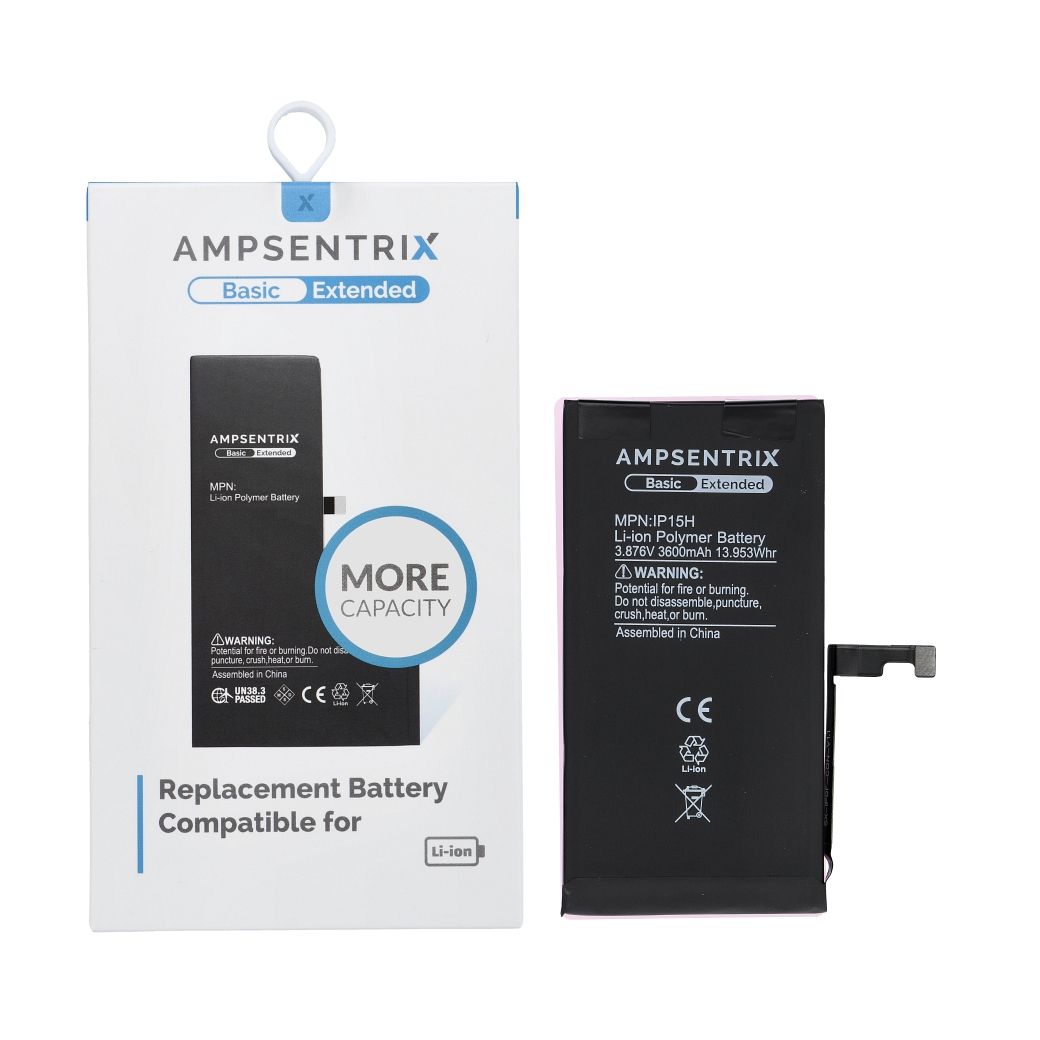 AmpSentrix Basic baterija iPhone 15 (lielas ietilpības 3600 mAh)