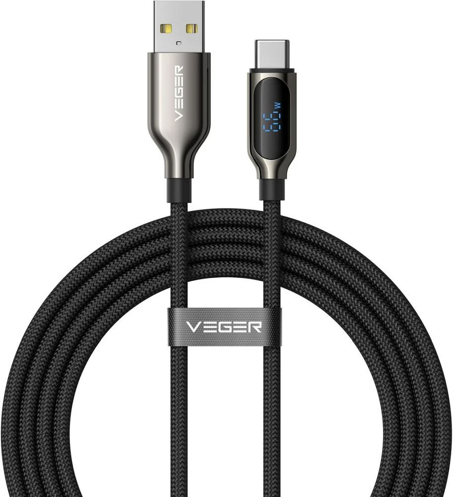 Kabelis ar LED displeju, USB A uz Type C, VEGER PD 3A 66W, AC1-XHJ, 1,2 m, melns
