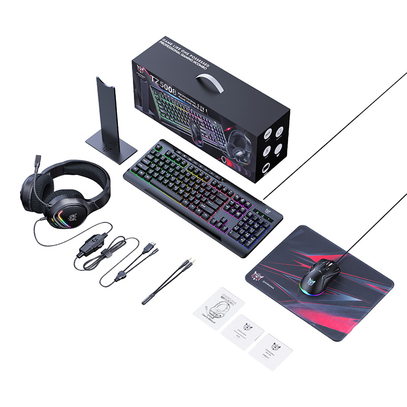 Onikuma TZ5008 spēļu komplekts 5 vienā: tastatūra + pele + austiņas + peles paliktnis + statīvs