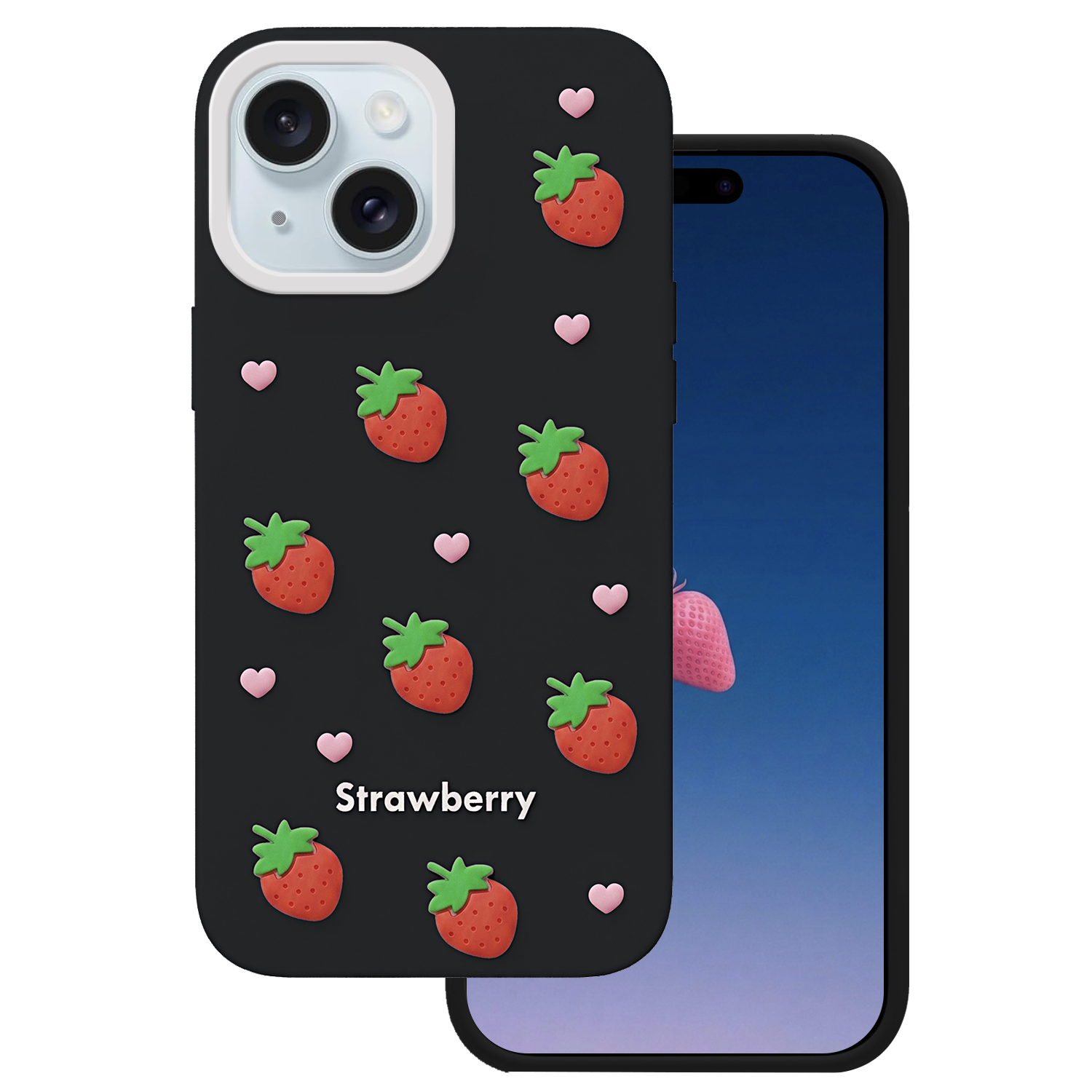 Zemeņu maciņš iPhone 13 / 14 / 15 6,1" melns