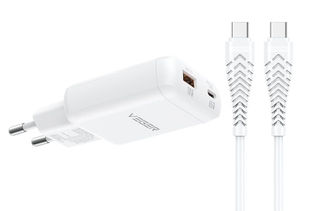 Tālruņa lādētājs USB A + Type C PD 65 W + datu kabelis Type C uz C 100 W VEGER TR122, balts
