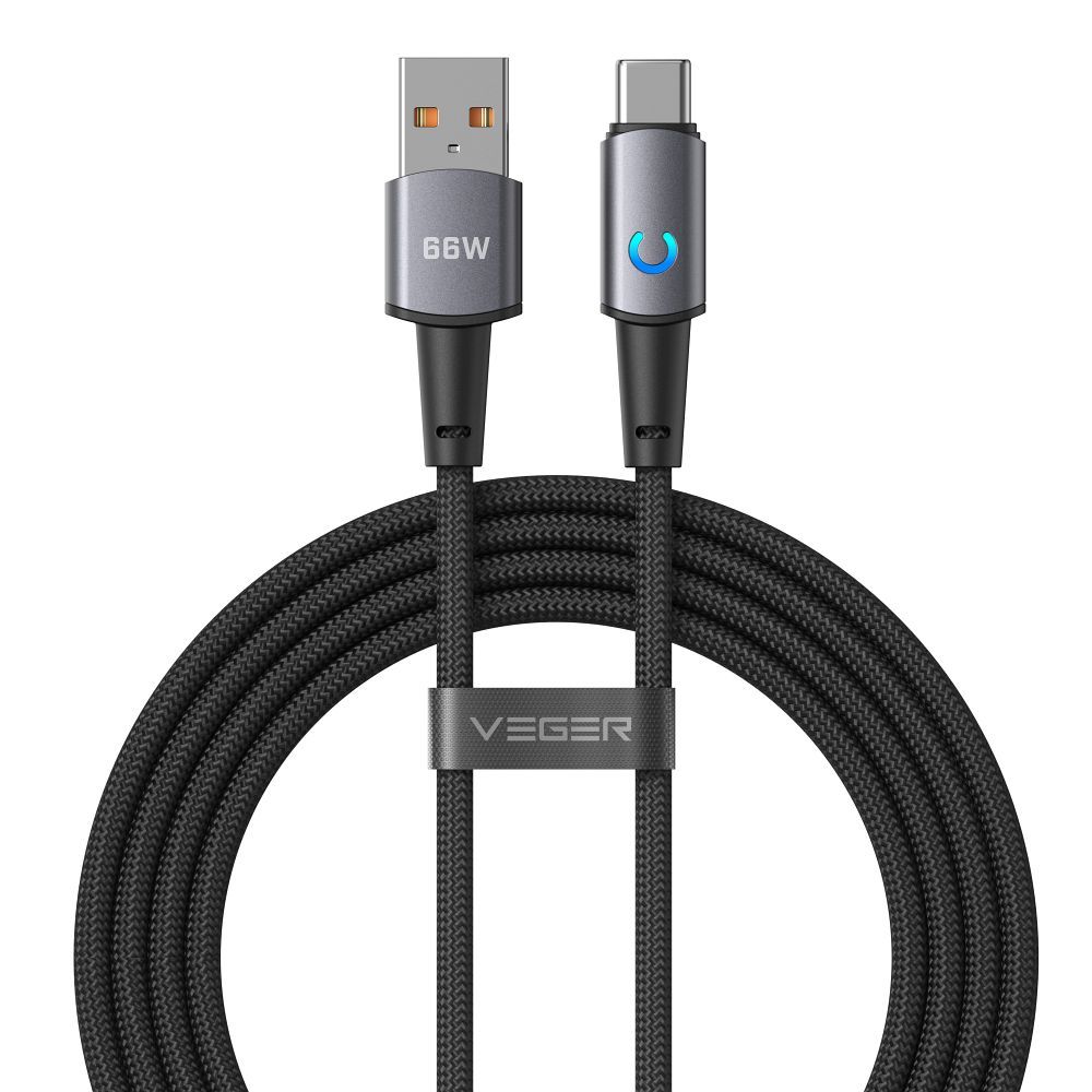 Kabelis ar LED gaismas indikatoru, USB A uz Type C, VEGER PD 3A 66W, AC1-ZSD, 1,2 m, melns