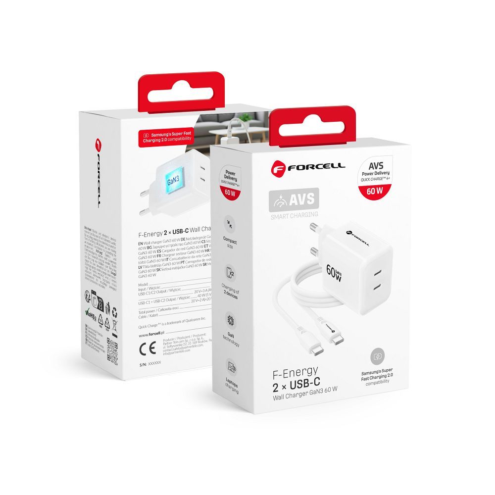 Tālruņa lādētājs Forcell F-Energy GaN III Crystal Color, 2x USB C, AVS, SSFC3.0, 60W + silikona kabelis USB C uz USB C VT-60, balts