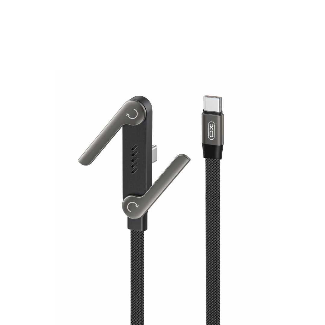 XO NB-Q311 PD USB-C–USB-C kabelis, 1,5m, 240W, melns, plakans, ar statīvu