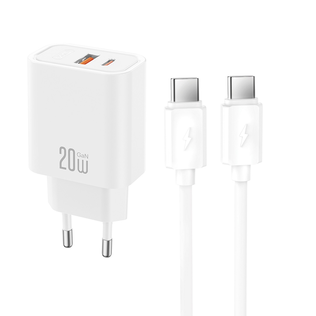 XO CE40 PD 20W sienas lādētājs, 1x USB-C, 1x USB, balts + USB-C–USB-C kabelis