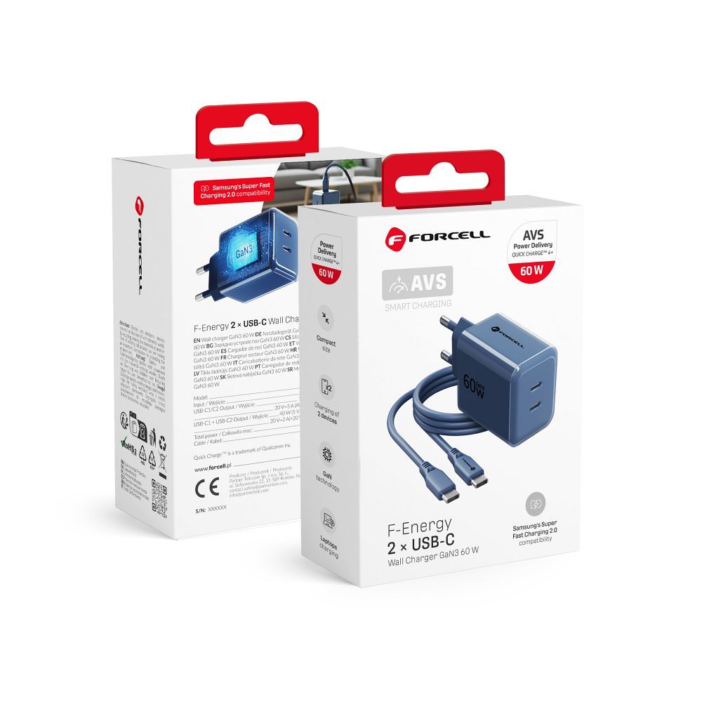 Tālruņa lādētājs Forcell F-Energy GaN III Crystal Color, 2x USB C, AVS, SSFC3.0, 60W + silikona kabelis USB C uz USB C VT-60, tumši zils