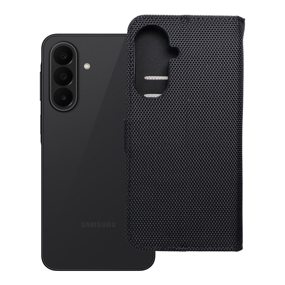 Atlokāmais 4Card RFID maciņš Samsung A27 ar aizsardzību pret zādzībām, no tehniskā auduma, melns