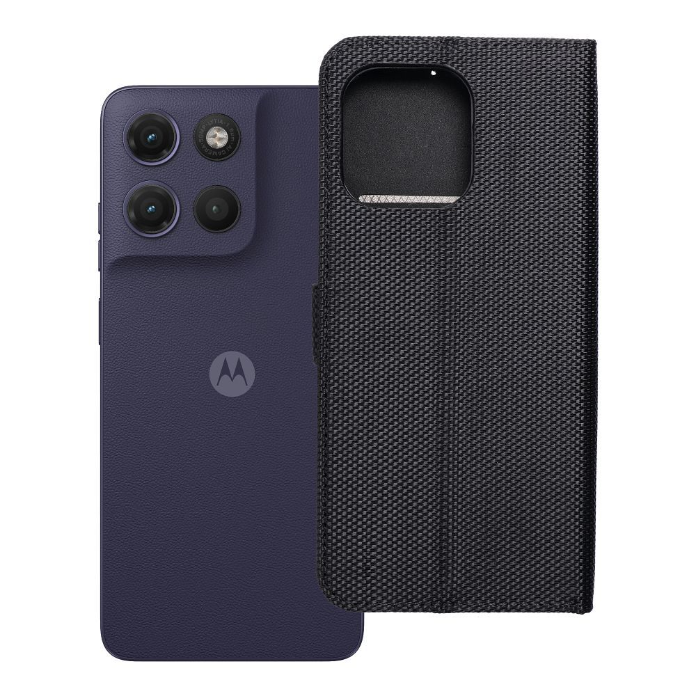 Atlokāmais 4Card RFID maciņš Motorola G17 ar aizsardzību pret zādzībām, no tehniskā auduma, melns
