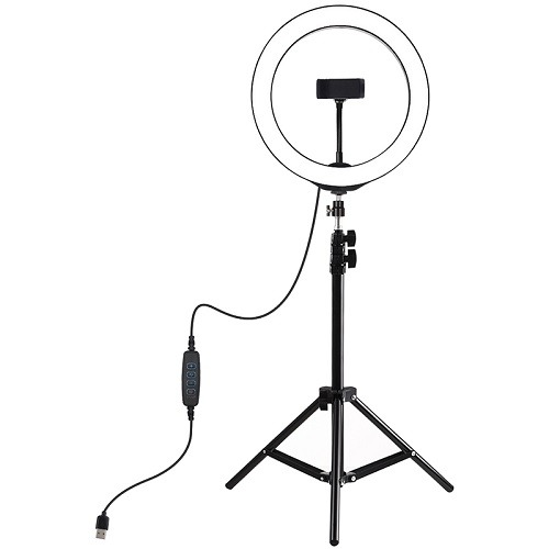 LED gredzena lampa 26 cm ar galda statīvu līdz 1.1m, telefona turētājs, USB
