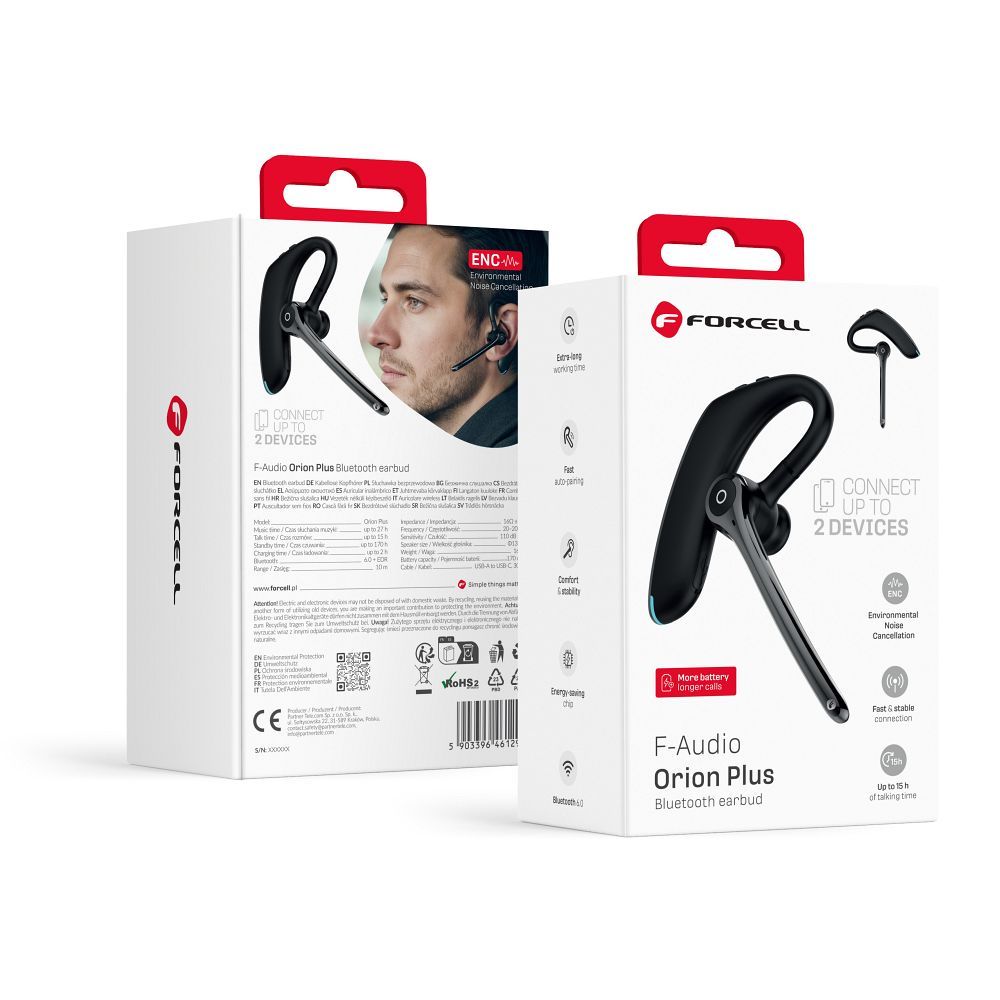 Wireless mono headset (ENC, Multipoint, BT 6.0 + EDR, 170mah) FORCELL Orion Plus black
