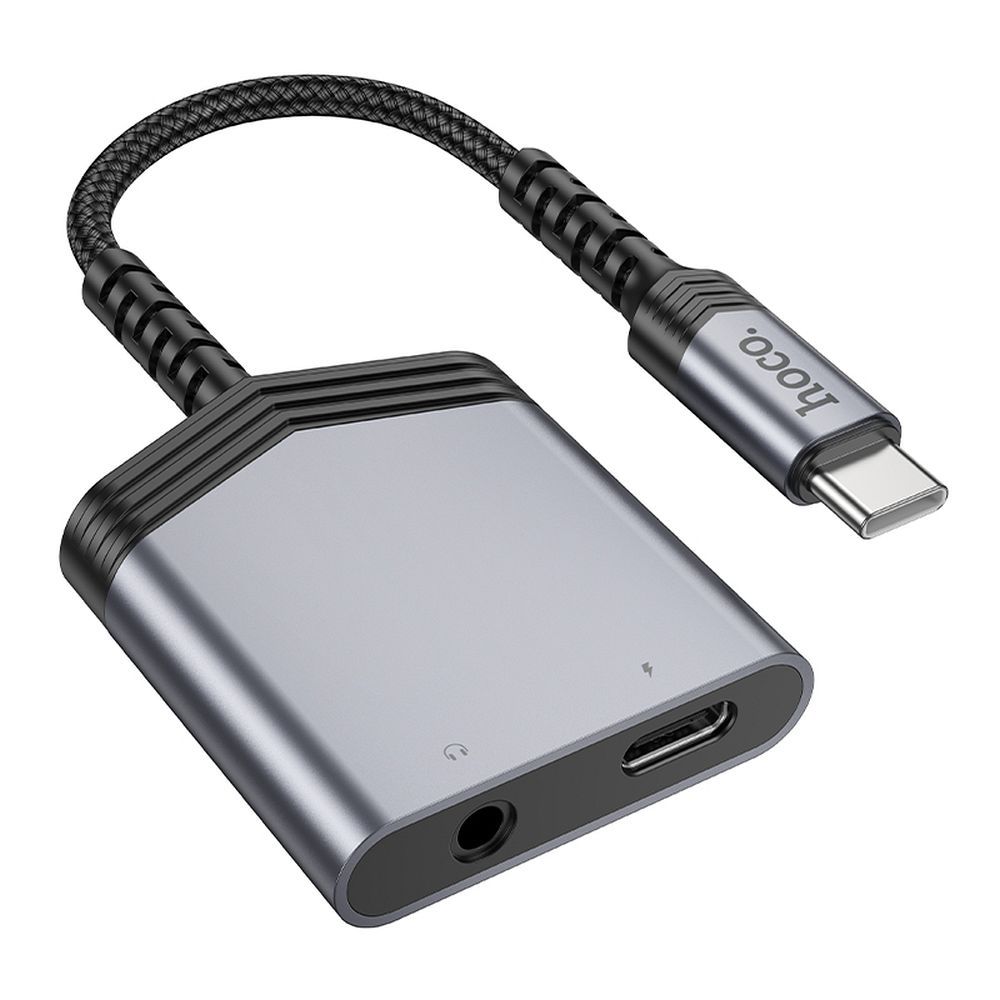 Adapteris AUX 2in1 USB C uz USB C / Jack 3,5 mm Hoco 27W LS39 pelēks