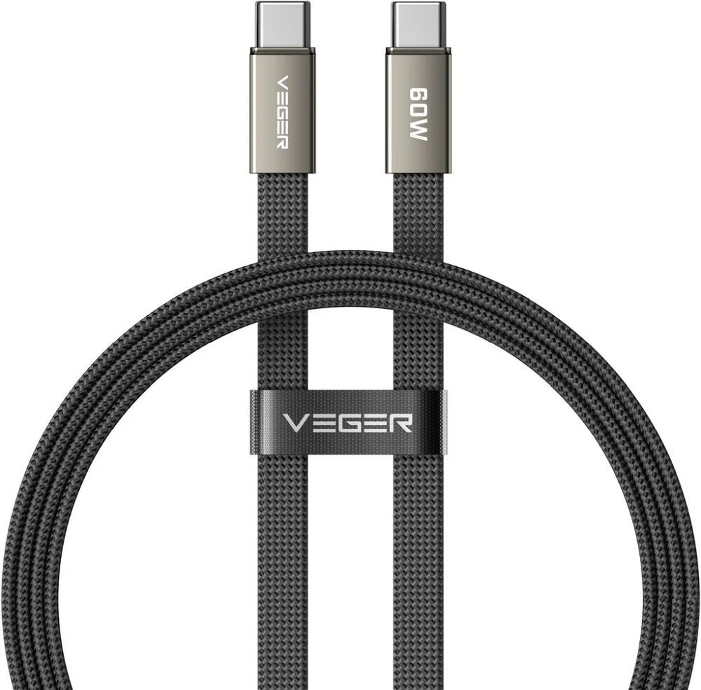 Plakans kabelis no C tipa uz C tipu VEGER PD 3A 60W CC06-MTB 1,2 m, melns