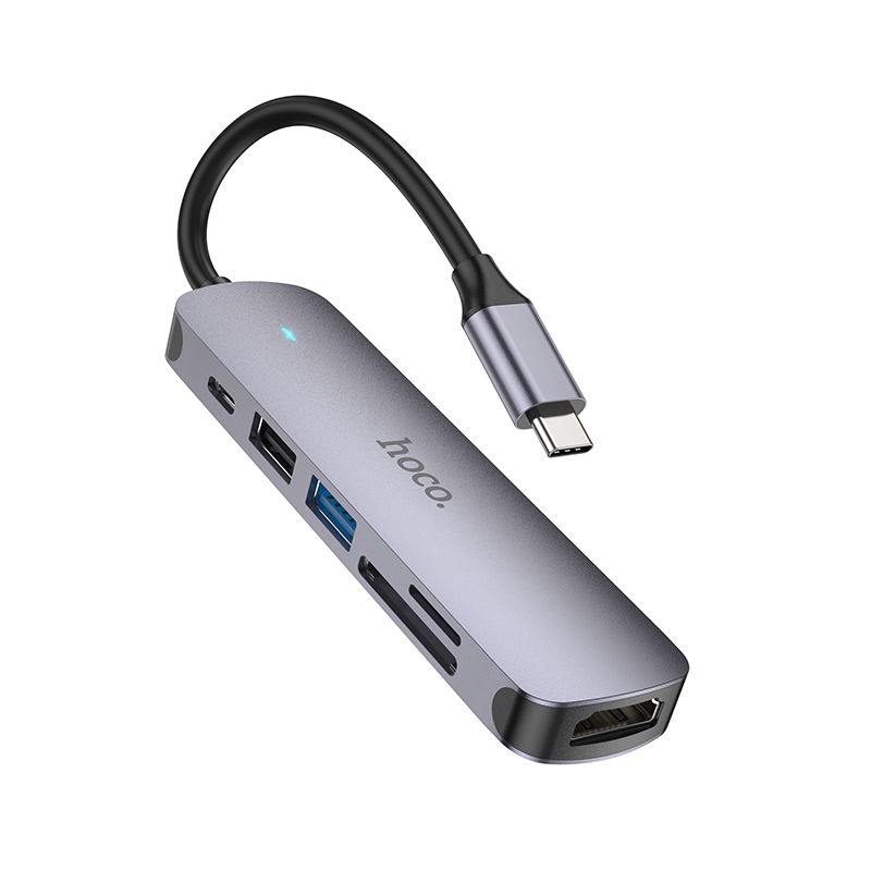 Adapteris HB28 Type-C multifunkcionālais pārveidotājs HDMI+USB3.0+USB2.0+USB2.0+SD+TF+PD pelēks