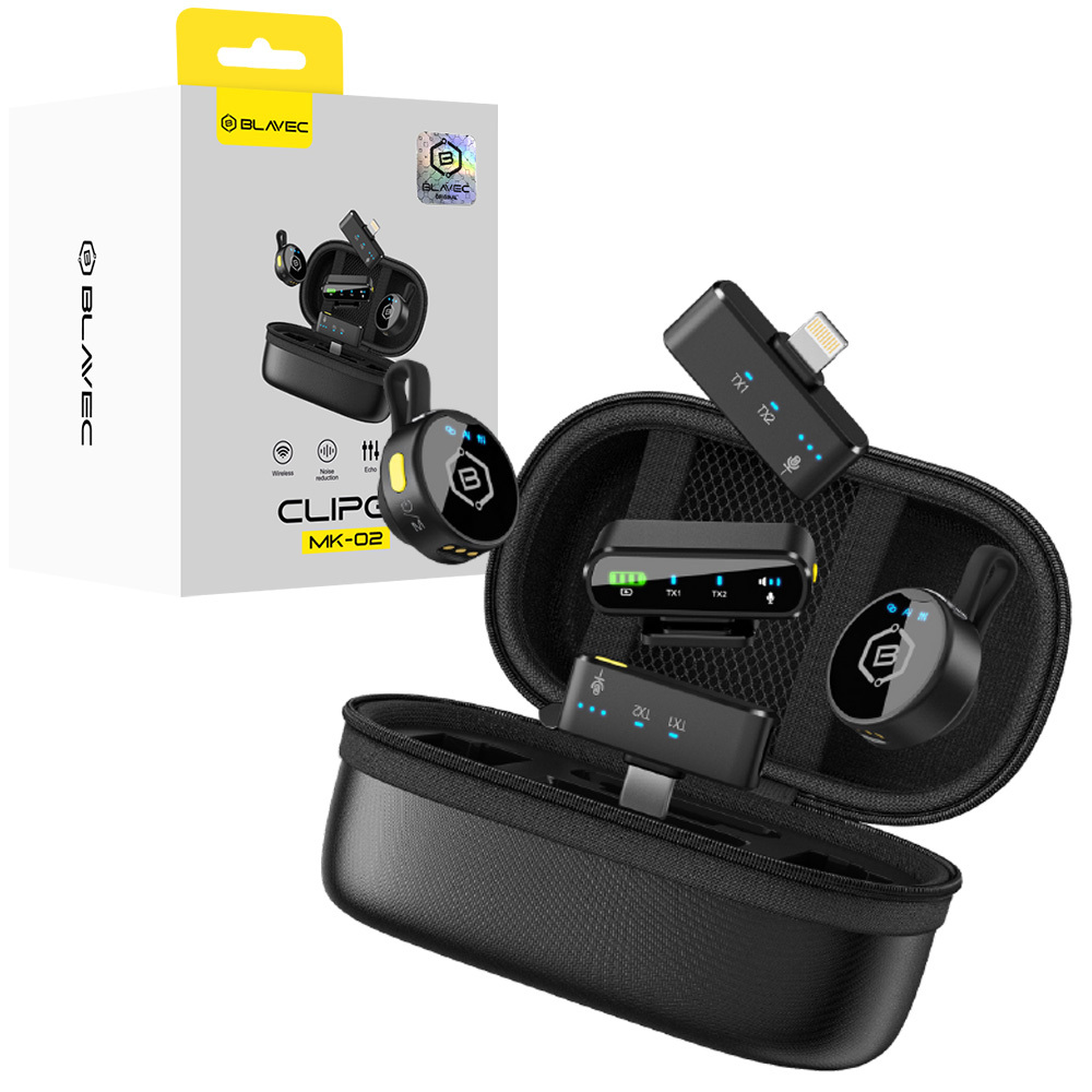 Blavec Lavalier mikrofoni x 2 MK-02 ClipGo Combo: Type C, Lightning, BT (LMMK02-B) melns