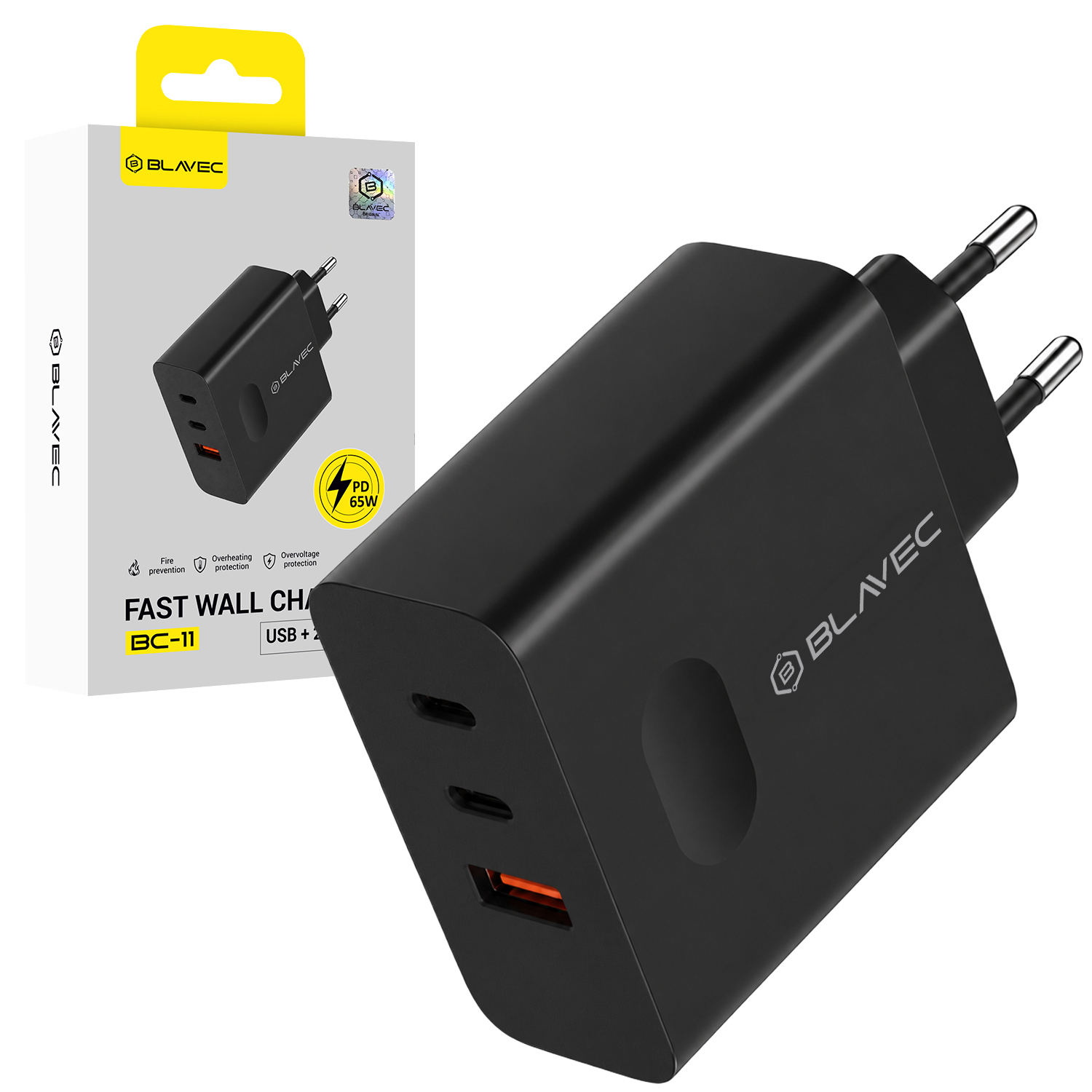 Blavec sienas lādētājs BC-11 GaN - USB + 2xType C - QC PD 65W 3A (TCBC11G-U2CB653A) melns