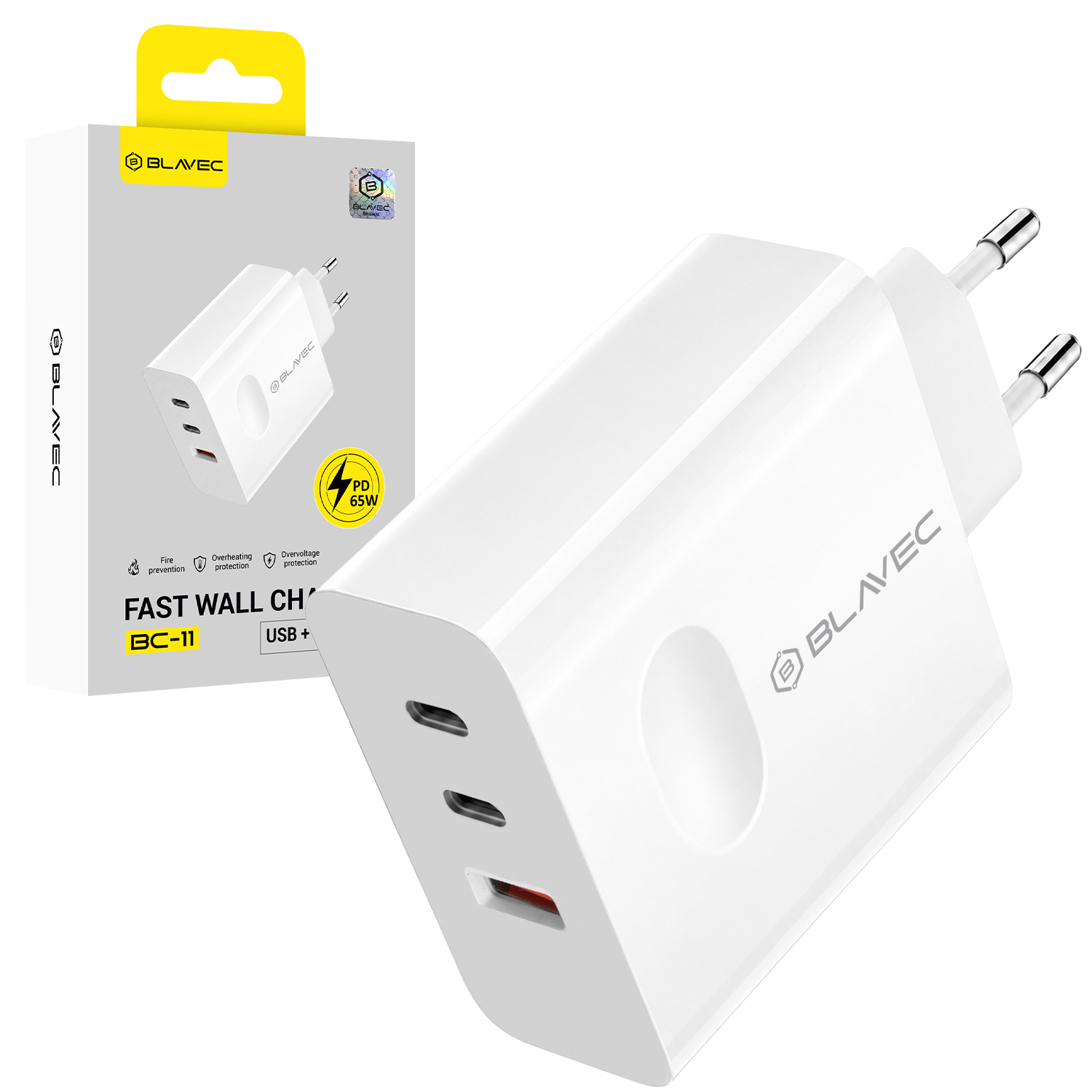 Blavec sienas lādētājs BC-11 GaN - USB + 2xType C - QC PD 65W 3A (TCBC11G-U2CW653A) balts